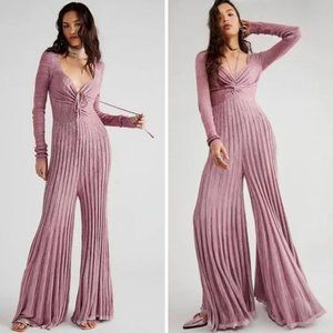 NEW Free People Lady Luck Jumpsuit One Piece Rose Pink Knit Ribbed Flare